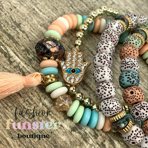 Hamsa Hand of Fatima Evil Eye Pastel Candy Colored Stackable Amulet Bracelet Set - Picture 6 of 9